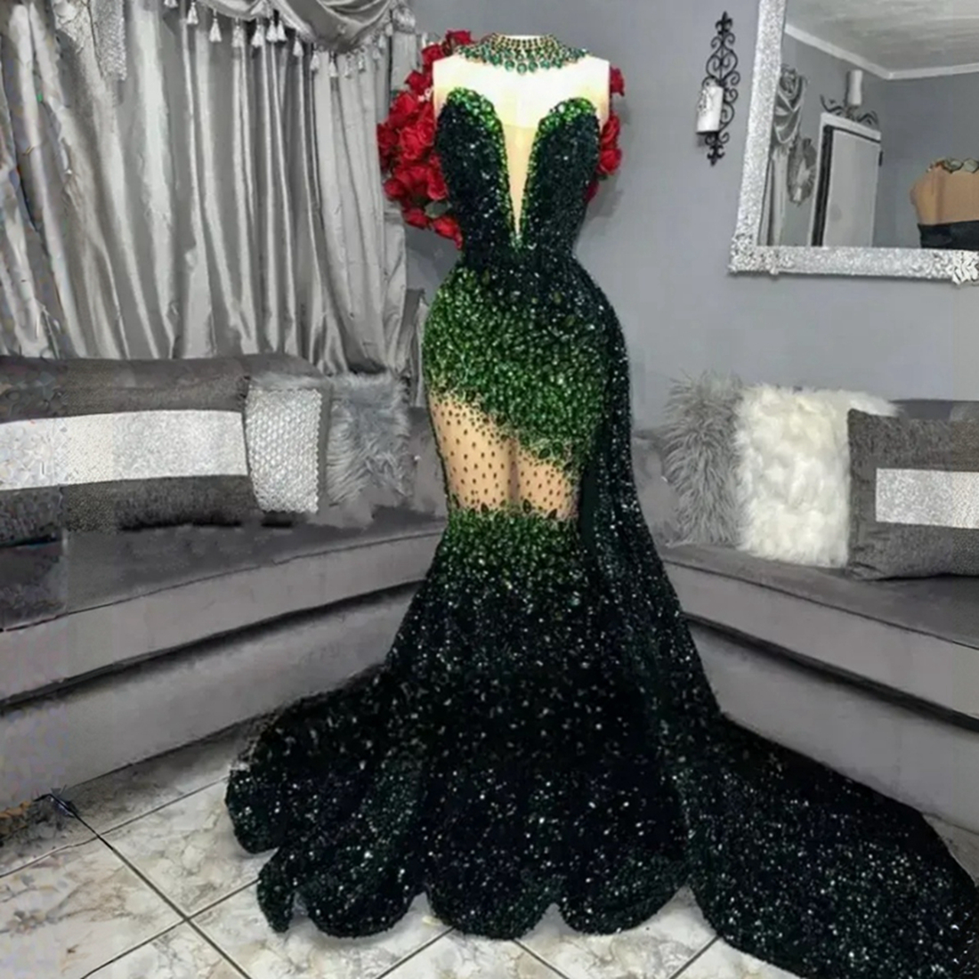 2025 Shiny Aso Ebi Prom Dress Mermaid Evening Dresses Scoop Neckline Sexy Side Split Beaded Lace Illusion Long Sleeves Birthday Dress Second Reception