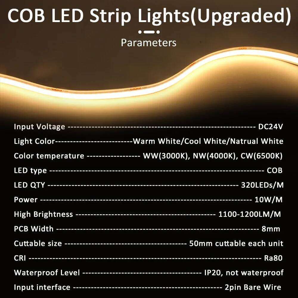 24V COB LED Strip 5m 10m High Brightness Flexible Ribbon Linear Light Warm White 320LEDs/m FCOB Lamp Tape for Room Decor Z260226