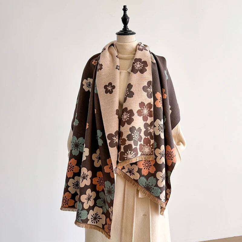 Elegant Floral Bouquet Imitation Cashmere Soft Warm Versatile Shawl Coldproof Windproof Blanket Scarf for Autumn Winter Z260226