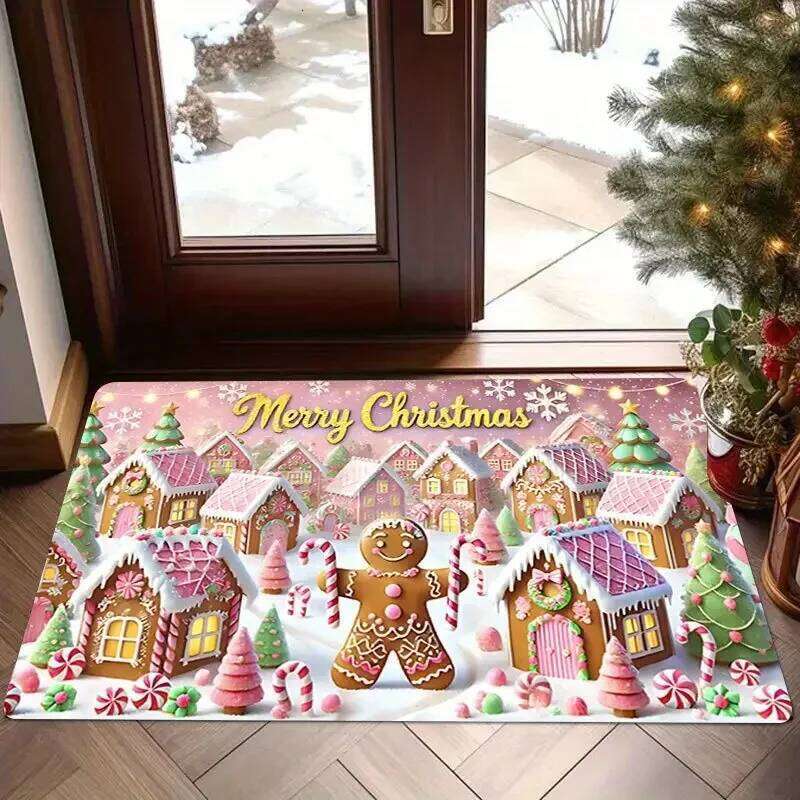 Christmas Gift Box Carpet Gingerbread House Rug Red Green Stripe Large Bow Candy Cane Home Decoration Entryway Floor Mat H260226