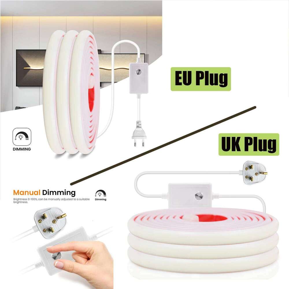 Dimmerable COB Neon Strip AC 220V EU UK Plug 3000K 4000K 6000K Waterproof Self Adhesive Home Decor Flexible Ribbon Chain Light Z260226