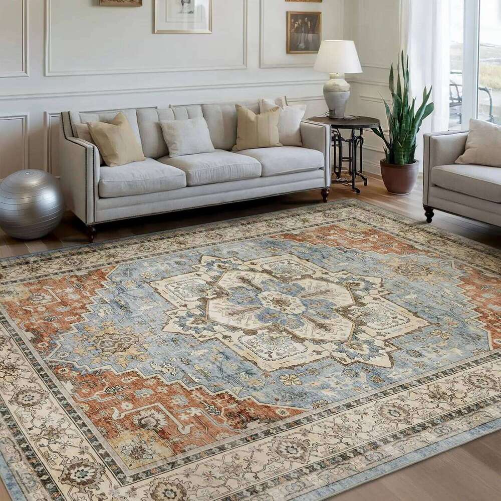 Traditional PersianPattern Carpet DecorationElegant Classic Style Blue and White Geometric Flower LivingRoom Floor Mat H260226