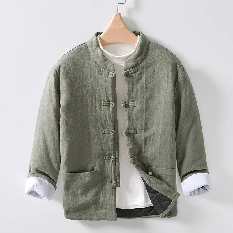 Retro Chinese Style Male Warm Padded Jacket Harajuku Loose Solid Color All-match Cotton Linen Knot Button Outwear Jacket Men 260227 - view 6