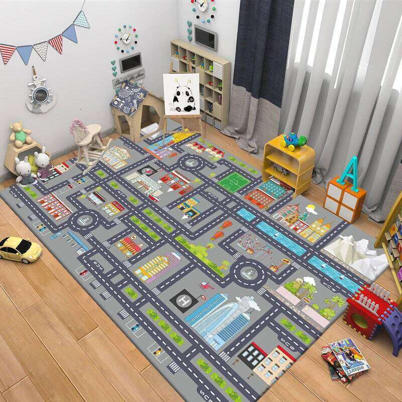 Interactive Cartoon Race Track Rug Playful Car Design Floor Mat for Kids Bedroom Living Educational Carpets Game Room H260227 - view 4