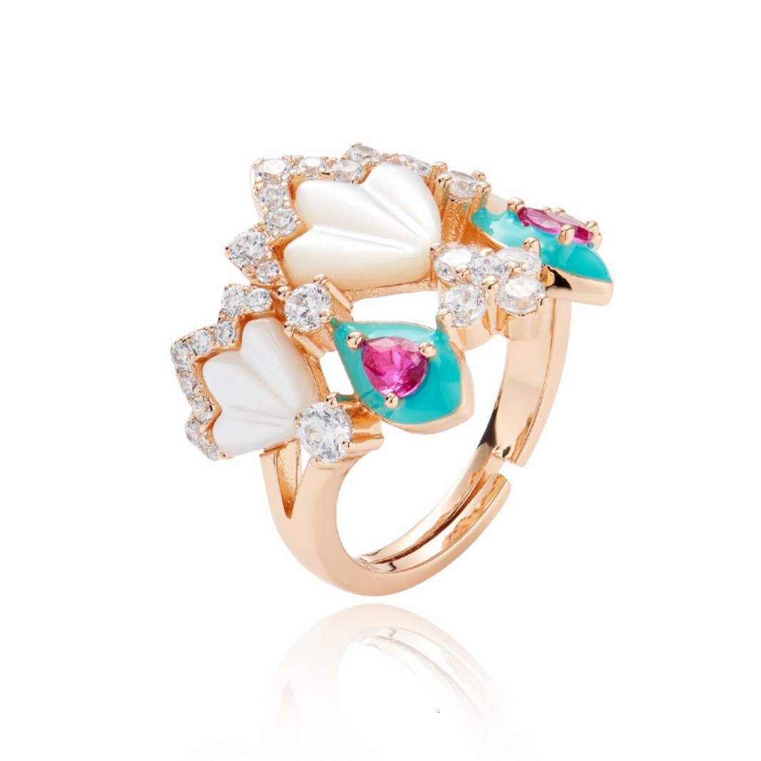 Ring White Shell Cat Paw Ring, Gold-Plated Ring, Blue Enamel Ring, Niche Light Luxury Women's Ring