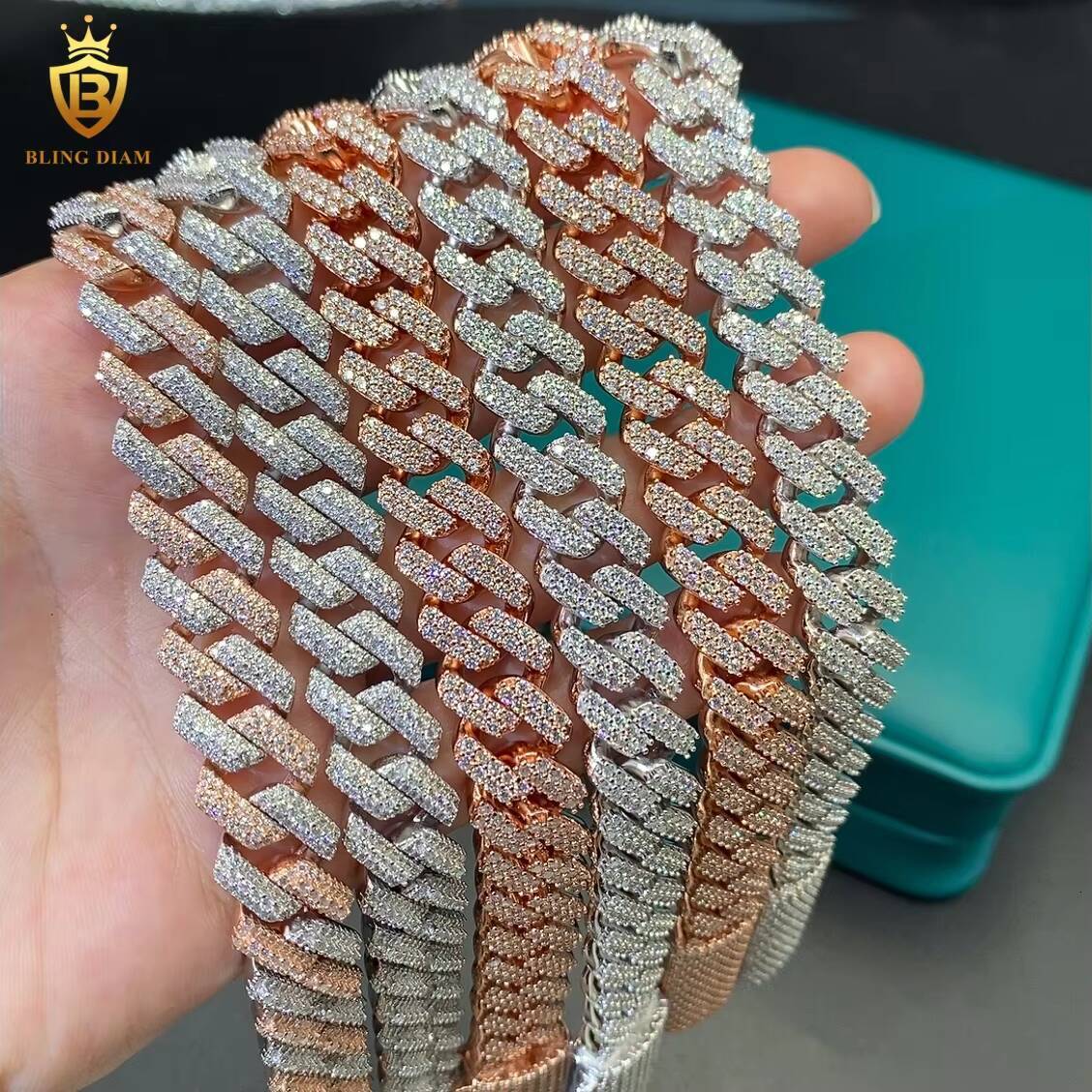 Sterling Silver Chain 12mm Bracelets Cuban Link Chain Rose Gold Plated Vvs Moissanite Chain Hiphop Men Moissanite Cuban Link