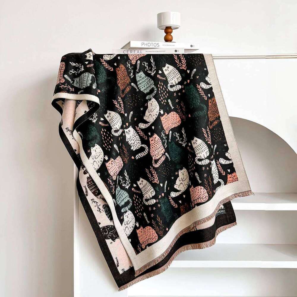Cute Cartoon Jumping Cat Shawl Female 2025 Spring New Korean Version Autumn Winter Warm Shoulder Neck Versatile Scarf Z260226