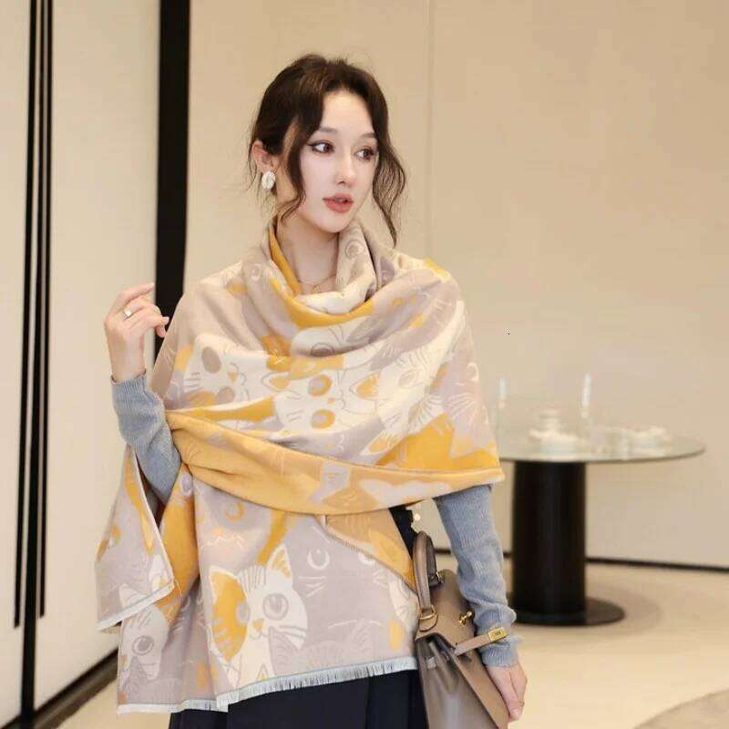 Cute Big-eyed Cat Winter Scarf Cashmere Women Pashmina Design Wrap Female Thick Blanket Soft Bufanda warmth Shawl Kerchief Z260226