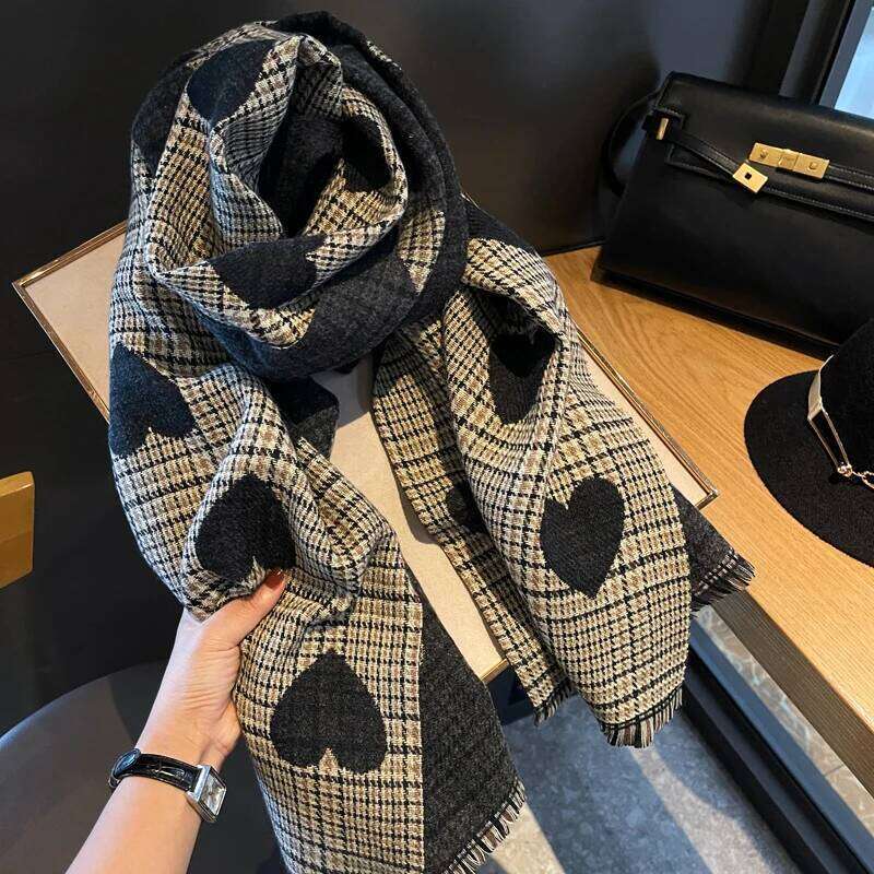 2024 New Double Side Cashmere Winter Women's Love Heart Plaid Ladies Long Thickened Warm Knitted Scarf Hijab Stole Z260226