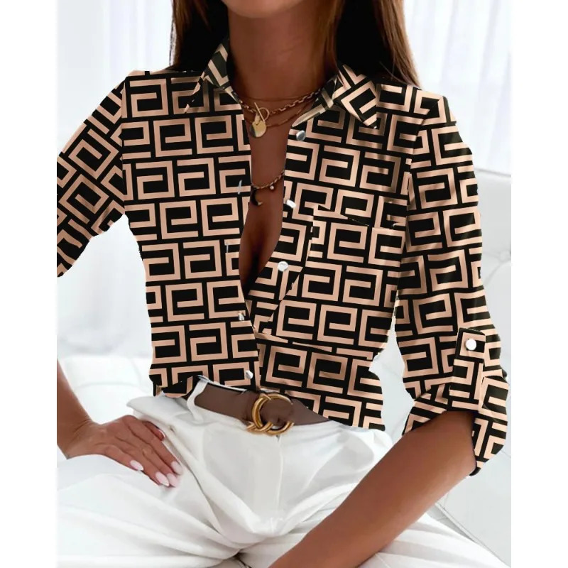 Elegant Womens Shirt Spring/Summer Womens Commuter Long Sleeved Shirt Fashion Printed Lapel Holiday Casual Shirt 260227