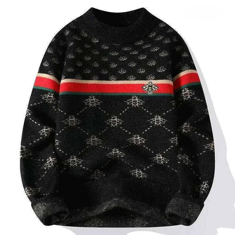Sweaters Bee Jacquard Mock 3 Colors Retro Argyle With Color-block Stripe Warm Stylish Perfect For Layering Men's Clothing - view 4