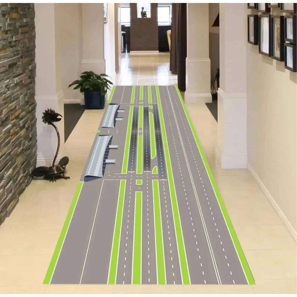 Realistic Airport Runway Carpet Mat Rug, Aviation Theme & Interactive home decoration with Grey Green Tone for Hallway Playroom H260227 - view 3
