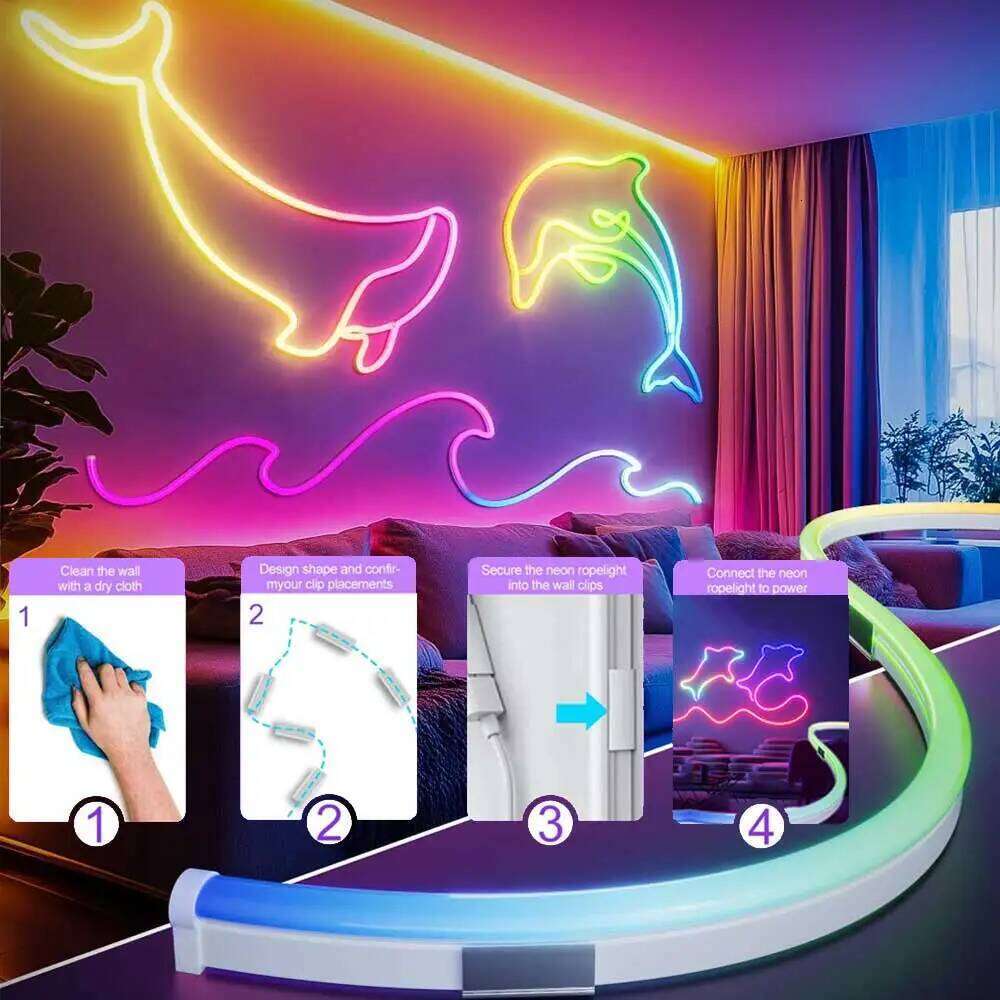 Light Bluetooth USB 5V Neon Strip Lights 1M-5M IP65 RGBIC Flex Ribbon Led Tape for Room Wall Decor Music Z260226