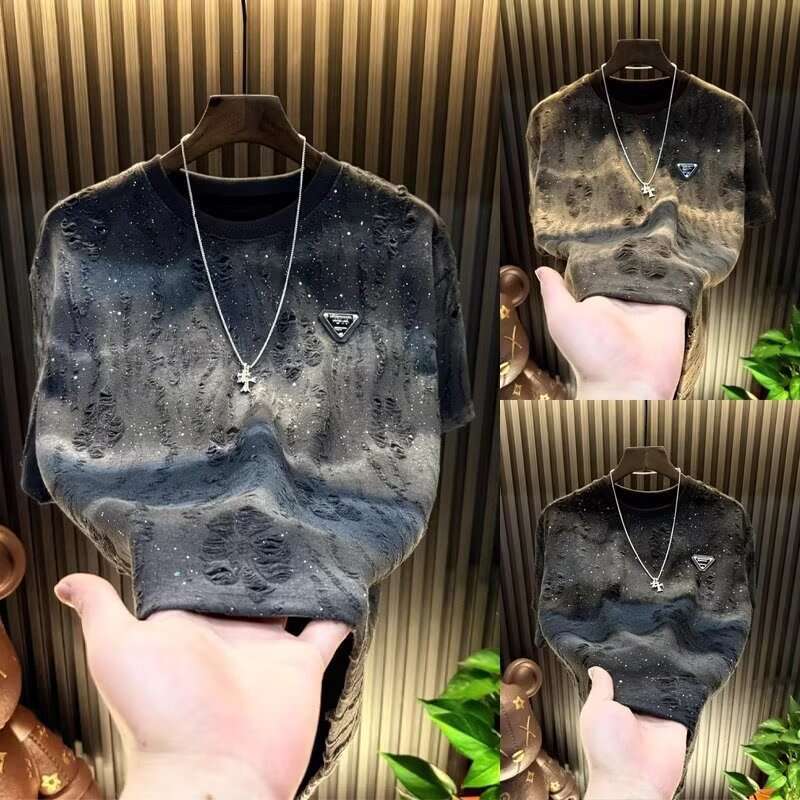 Mardi Hefxessdr Summer Men's ort Youth Luxury round Hole Punch Trendy Cotton Polyester Blend Casual Wear T-Shirt sleeved summer men's clothi