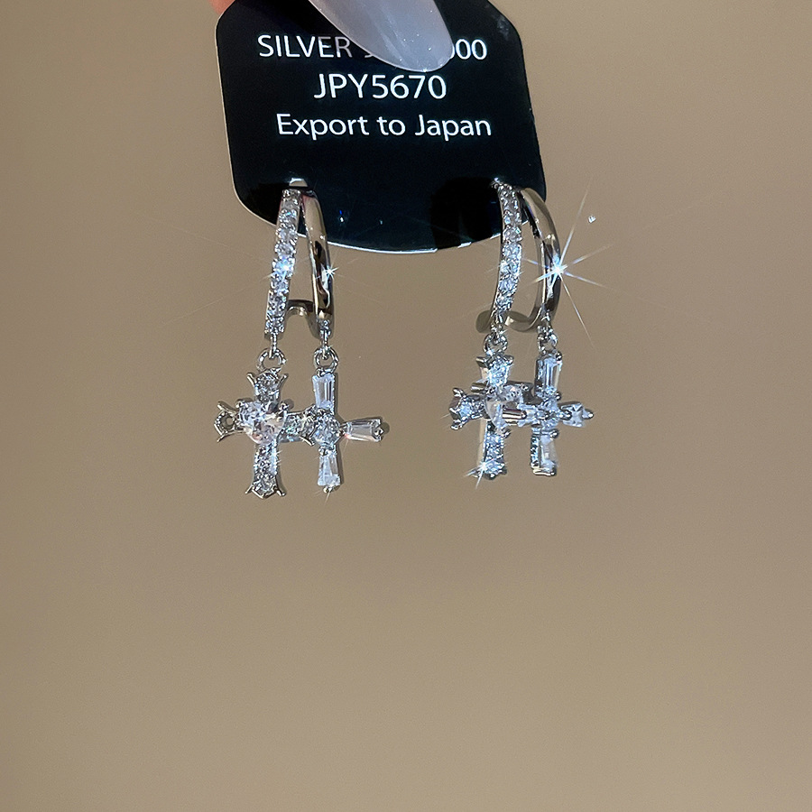 Silver needle zircon C-shaped cross pendant niche high-end earrings, minimalist trendy unique earrings for women - view 5