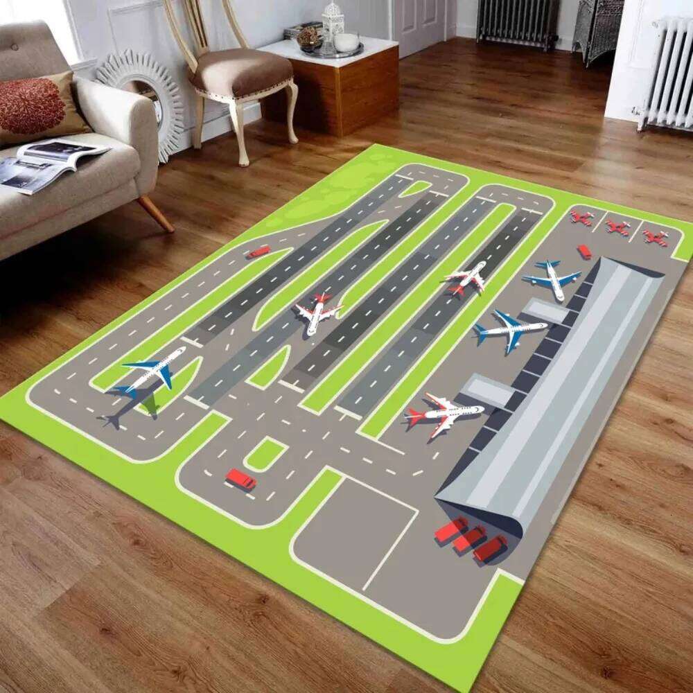 Airport Runway Carpet Rug Aeroplane Theme Home Decoration Non-slip Educational Kids Activity Play Mat with Terminal Design H260226