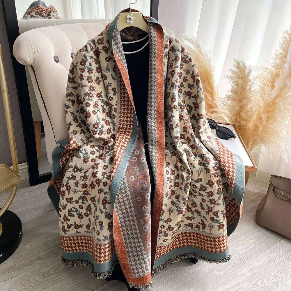 Women New Two Sided Floral Print Imitation Cashmere Scarf Soft Warm Pashmina Shawl Autumn Winter Coldproof Windproof Blanket Z260226