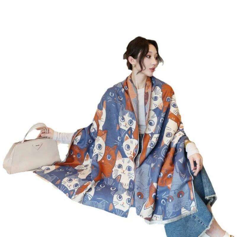 Cute Big-eyed Cat Winter Scarf Cashmere Women Pashmina Design Wrap Female Thick Blanket Soft Bufanda warmth Shawl Kerchief Z260226