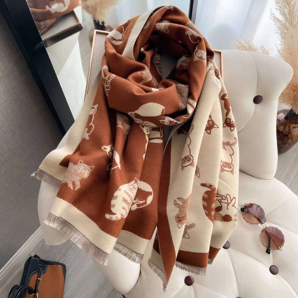 Women Latest Animal Jacquard Cat Scarf Imitation Cashmere Soft Warm Fringe Shawl Autumn Winter Coldproof Windproof Blanket 2025 Z260226