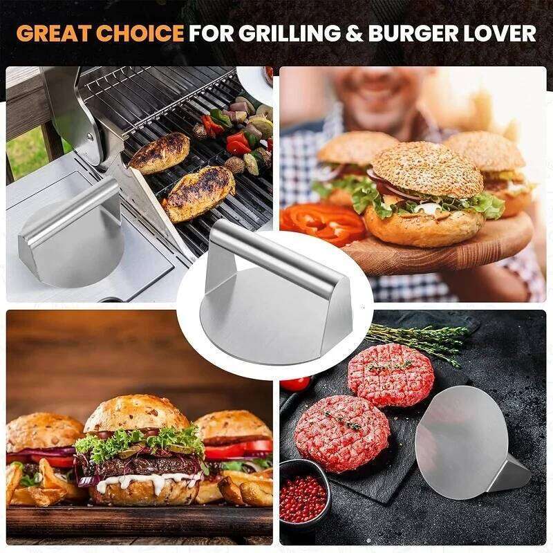 Stainless Steel Smash Press with Ergonomic Handle Multi-Use Burger Patty Maker for Deli Meats Meatballs Kitchen Tool