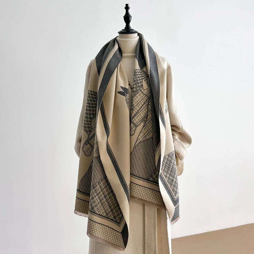 Women Luxury Horse Print Winter Poncho Shawl Animal Imitation Cashmere Scarves Pashmina Wraps Thick Warm Female Blanket Scarf Z260226
