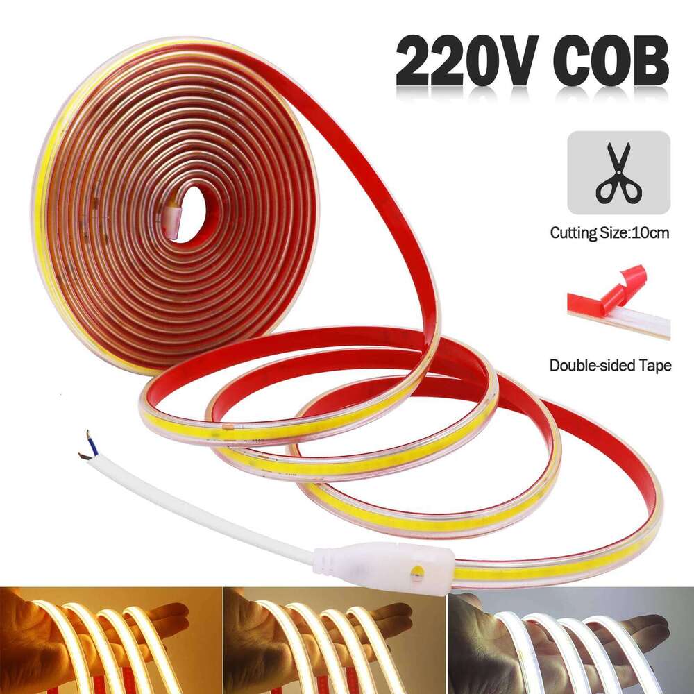 AC 220V COB Strip 240Leds/M IP65 Waterproof Adhesive Flexible Ribbon Built-in Rectifier IC LED Lights for Room Outdoor Lighting Z260226