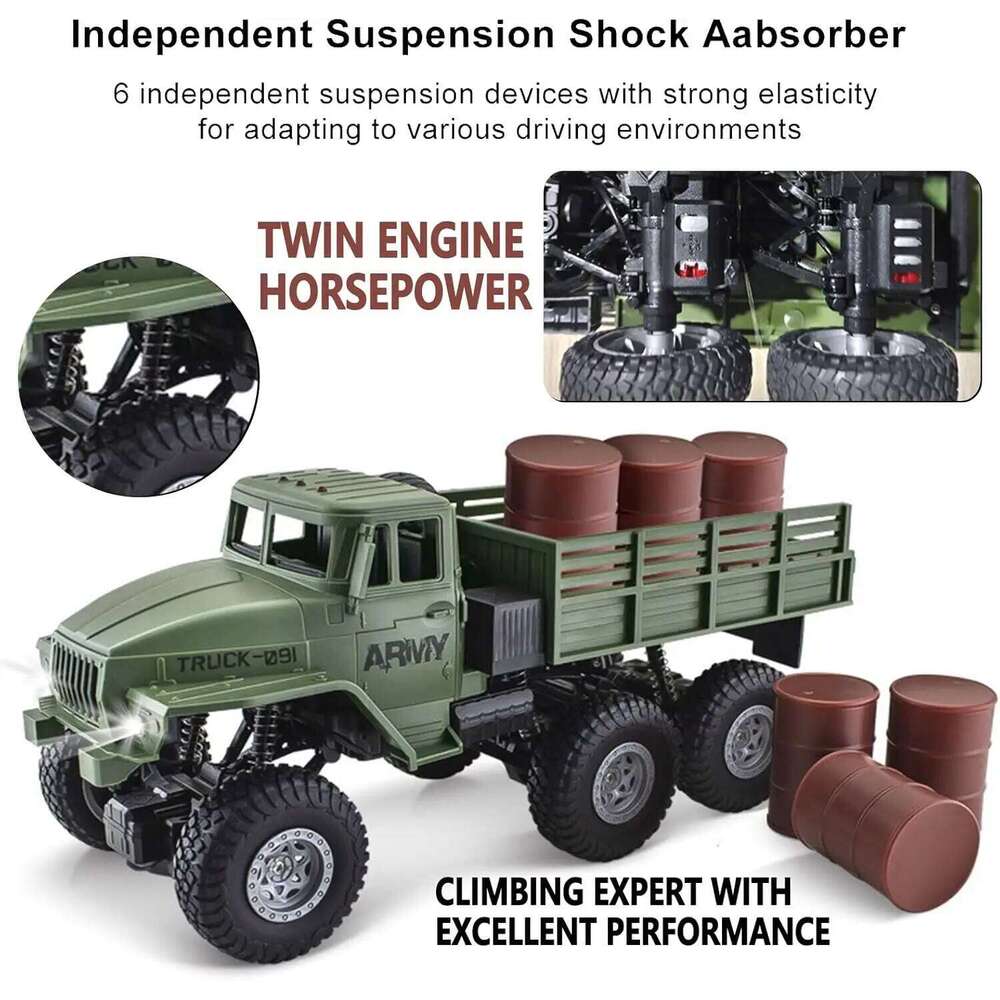RC Military 6x6 Road Car 1/16 Scale Remote Control Truck 4WD All Terrain Rock Army Transport Vehicle Toy Ve H260227