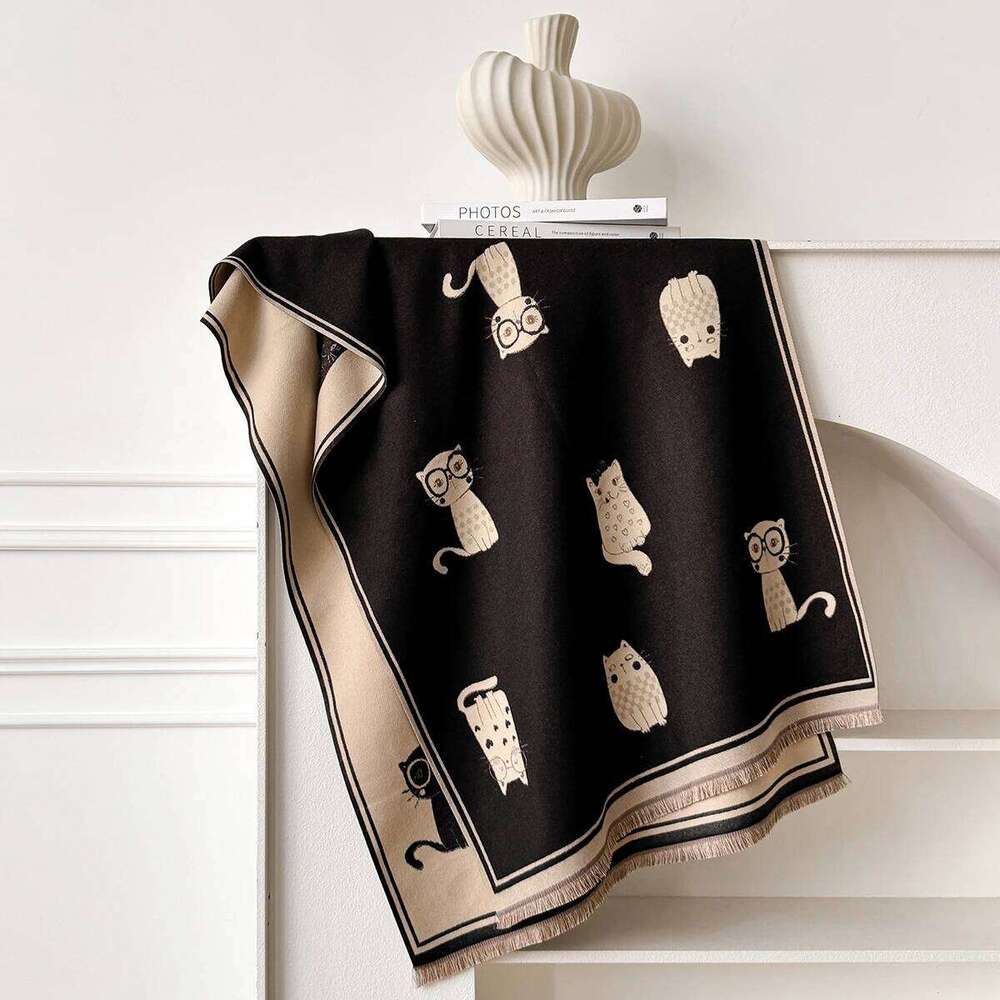 Cartoon Cat Printed Cashmere Scarves for Women Winter Thick Warm Blanket Scarf Shawl Wraps Ladies Fashion Pashmina Cape Z260226