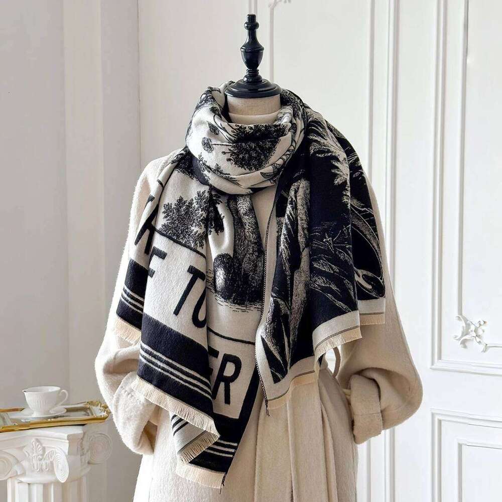 New Women's Fashion Faux Cashmere Winter Scarf Vintage Print With Tassels Thick Warm Pashmina Two-Sided Wrap Outdoor Shawls Z260226