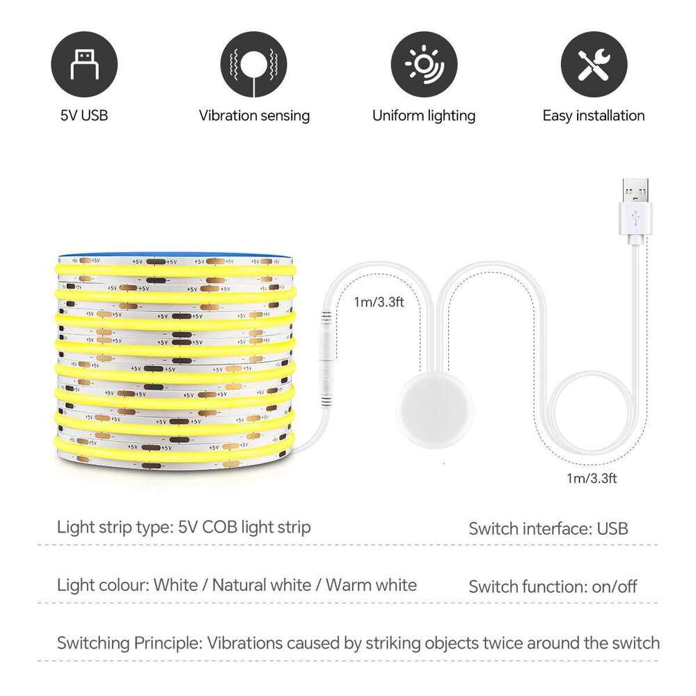 Double Tap Vibration Sensor Switch USB 5V COB LED Strip Light 320LEDs/m For Bathroom Makeup Mirror Backlight kitchen Lighting Z260226