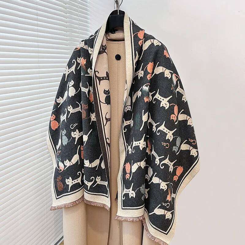 Elegant Ladies' Animal Cat Pashmina Autumn Winter Thick Warmth Double Sided Tassel The Shawl Coldproof Windproof Blanket Scarf Z260226