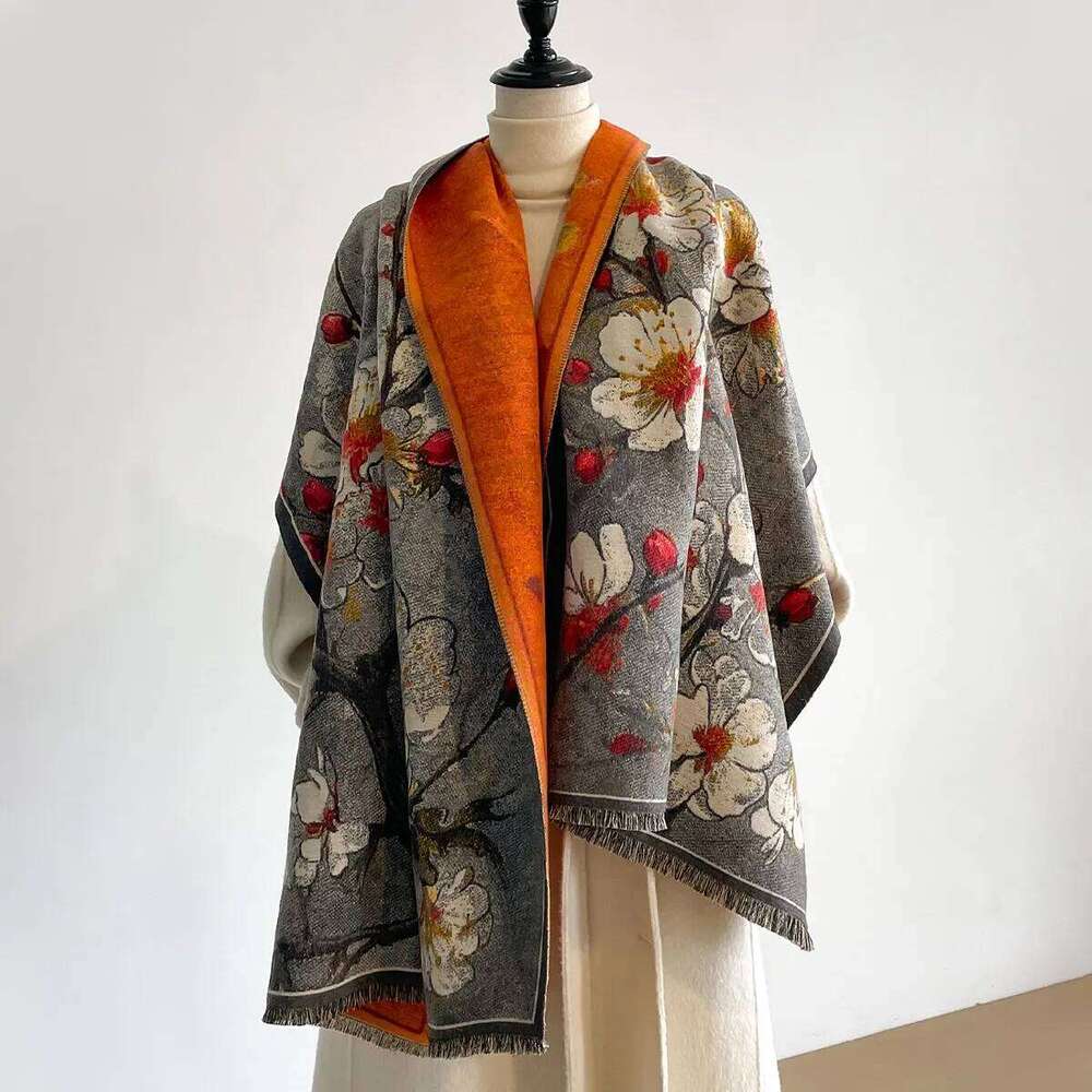 Women Luxury Plum Blossom Print Pashmina Travel Poncho Warm Cashmere Scraves Thick Blanket Winter Bufanda Shawl Female Scarf Z260226