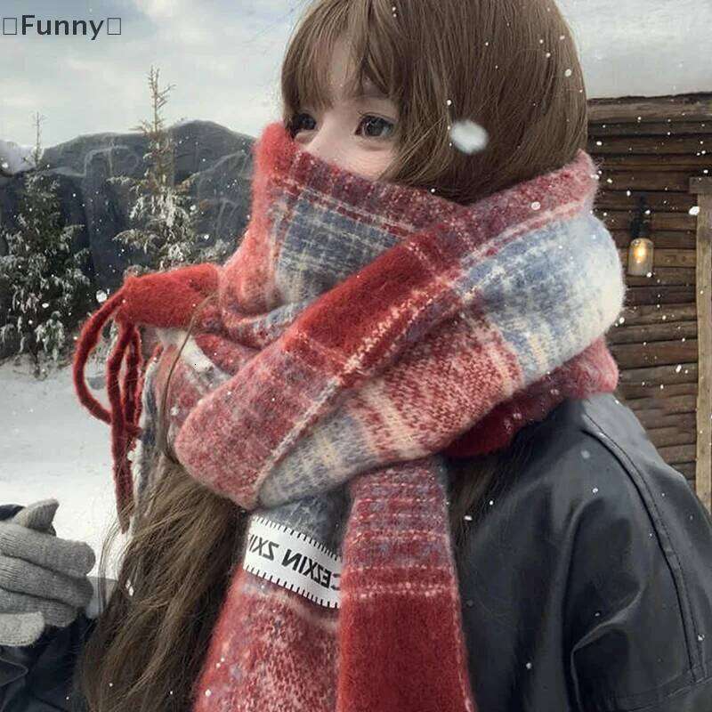 FunnyAutumn And Winter New Korean Plaid Women's Thick Atmosphere Warm Student Shawl Neck Scarf Z260226