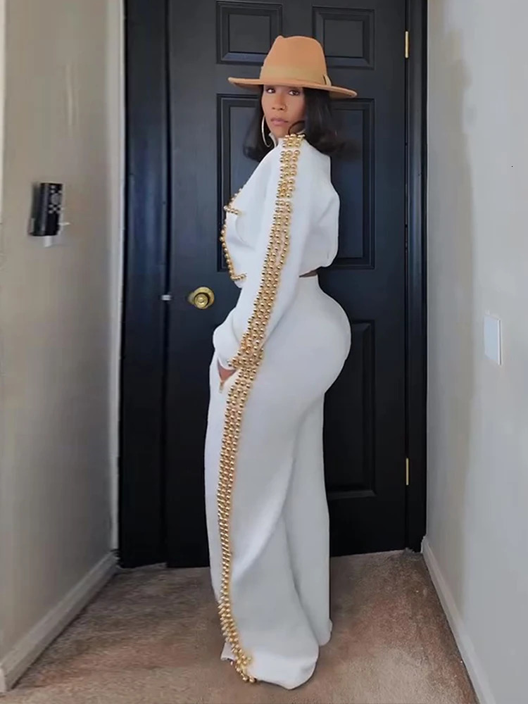 Womens Pants Set Round-Neck Tops Pearl-Trim Wide-Leg Fashion Oversized Elegant 2-Piece Outfit Spring Fashion Woman Clothes260227