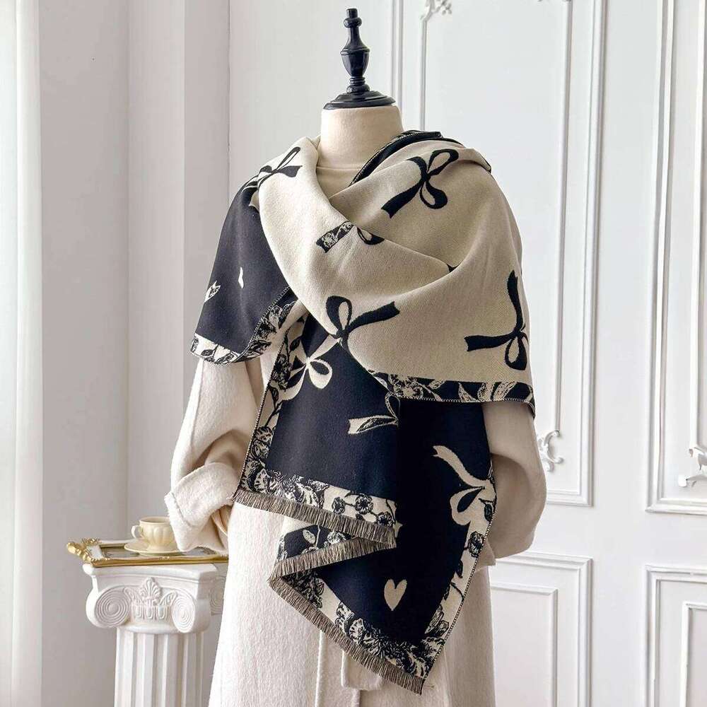 Women New Elegance Bow Print 2025 Winter Warmer Pashmina Two-Sided Scarves Female Shawls Thick Blanket Wraps Foulard Scarf Z260226