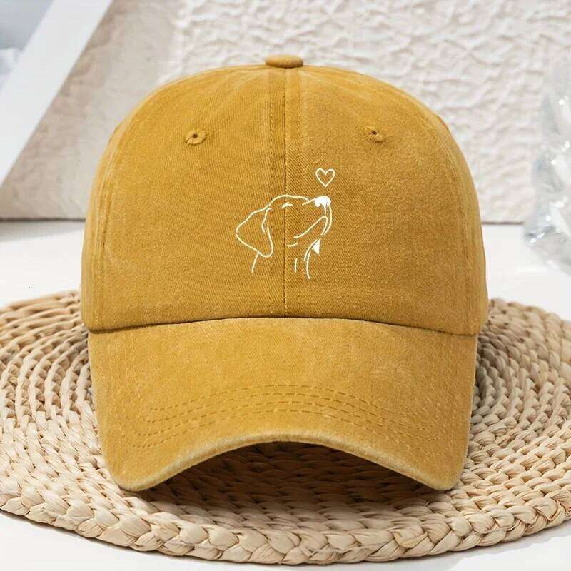 White line dog print women's versatile for spring and summer, retro soft top baseball cap, dad hat, vintage Z260226
