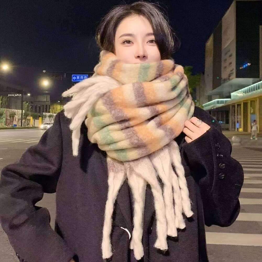 Color Striped Imitation Cashmere Maillard Women's New Korean Version Versatile Thickened Winter Plush Warm Scarf Z260226