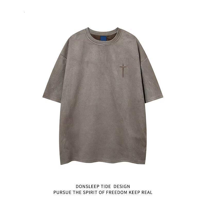 Luxury Brand Designer Clothes 2025 Suede Short-Sleeve T-Shirt For Men, Summer American Style, Heavy-Duty Embossed Oversize Loose Half-Sleeve Trendy Te