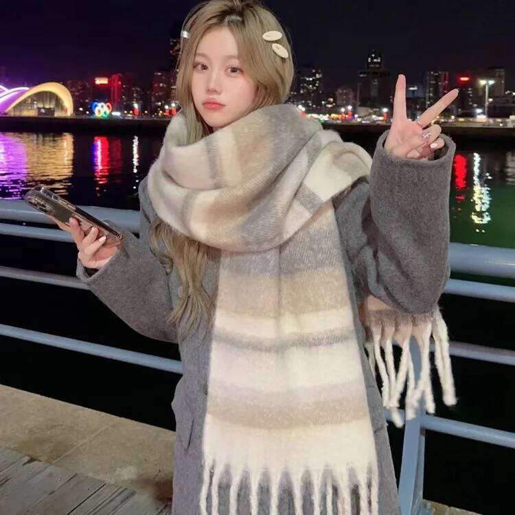 Color Striped Imitation Cashmere Maillard Women's New Korean Version Versatile Thickened Winter Plush Warm Scarf Z260226