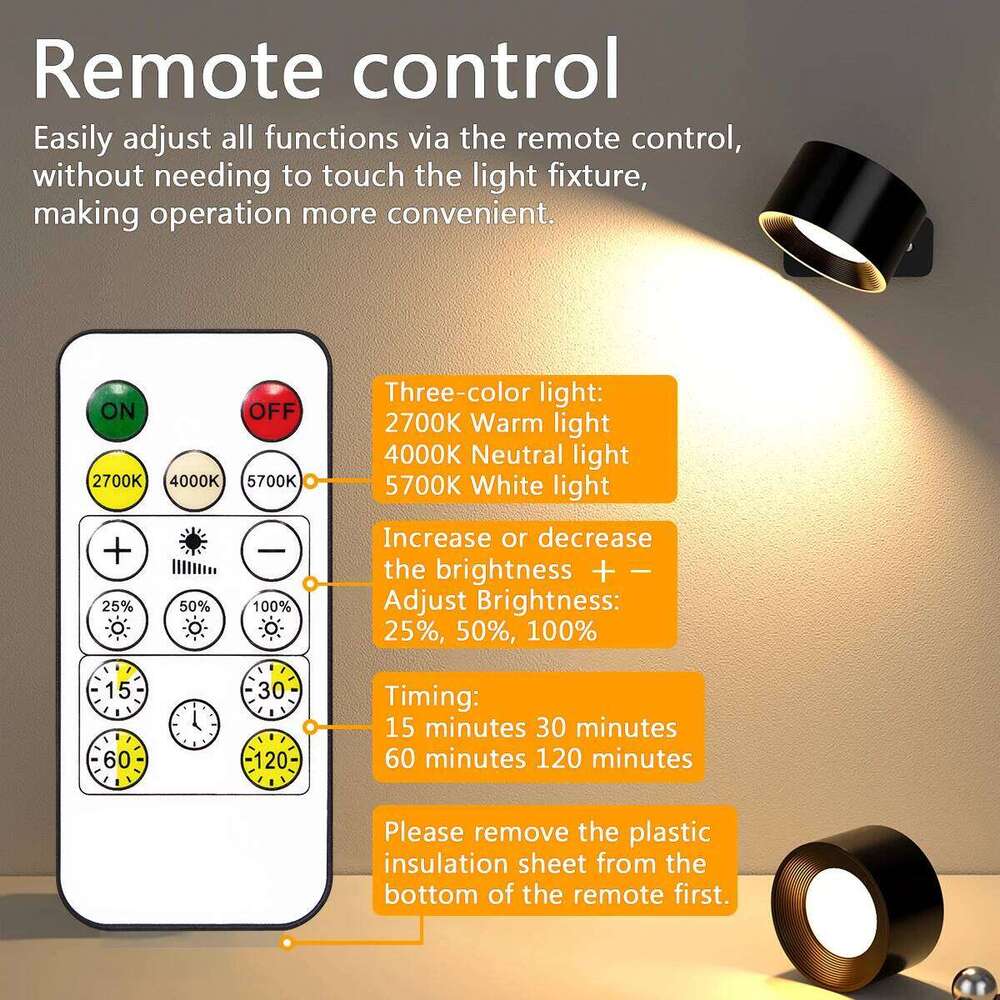 LED Lights with Remote, Rechargeable Wall Mounted Reading Sconces Lamp 2000mAh, 3 Colors & Dimmable Magnetic 360 Rot Z260227