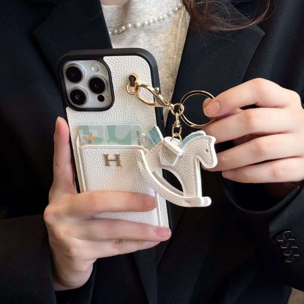 Luxury phone caseNew Card Slot + Rocking Horse iPhone 17 Lychee Texture Genuine Leather Feel Compatible with Samsung S25 Protective Case