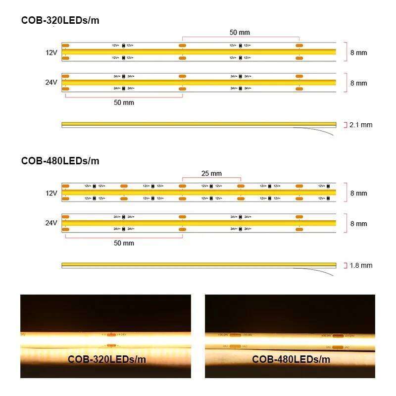 UL Listed LED Strip 320 480 LEDs/m 16.4ft High Density Flexible RA90 COB Tape DC12V 24V 3000K-6500K Led Ribbon Light Z260226