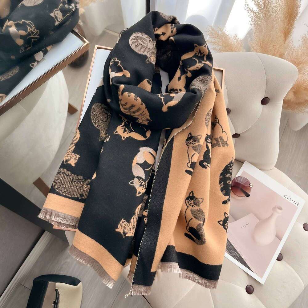 Women Latest Animal Jacquard Cat Scarf Imitation Cashmere Soft Warm Fringe Shawl Autumn Winter Coldproof Windproof Blanket 2025 Z260226