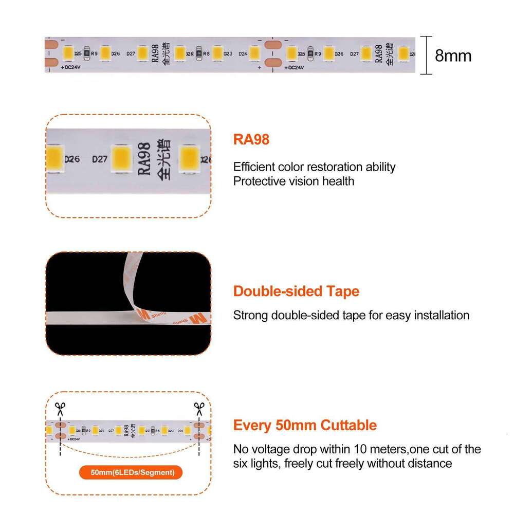 5M 10M/Roll Strip Light 12V 24V 2835 Flexible Tape Ribbon 8MM RA98 3000K 4000K 6000K LED Lights for Home Decor Lighting Z260226