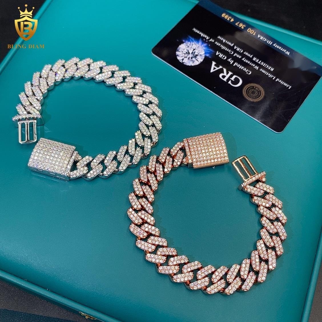 Sterling Silver Chain 12mm Bracelets Cuban Link Chain Rose Gold Plated Vvs Moissanite Chain Hiphop Men Moissanite Cuban Link