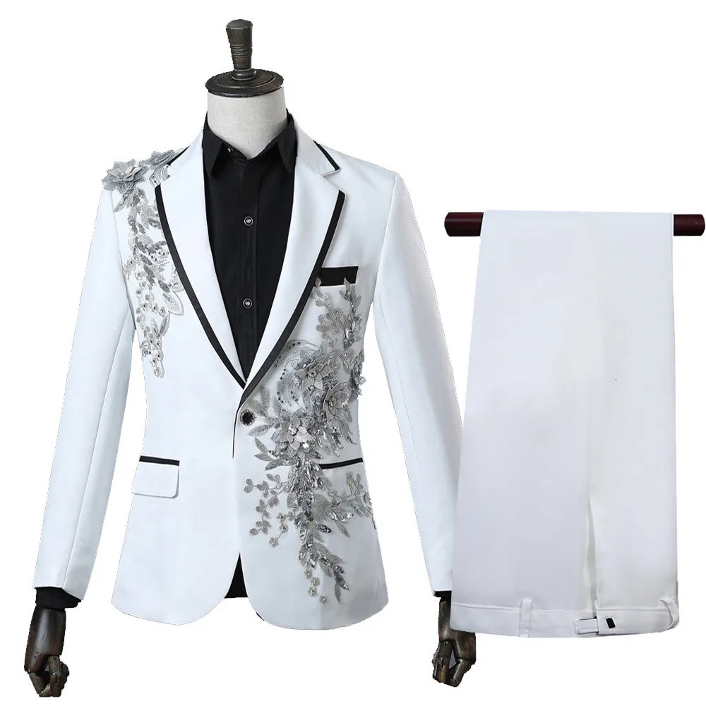 Elegant Appliqued Twopiece Mens Suit for Wedding Banquet Host Dance Prom Christmas Costume Men Blazer Chinese Style 260227