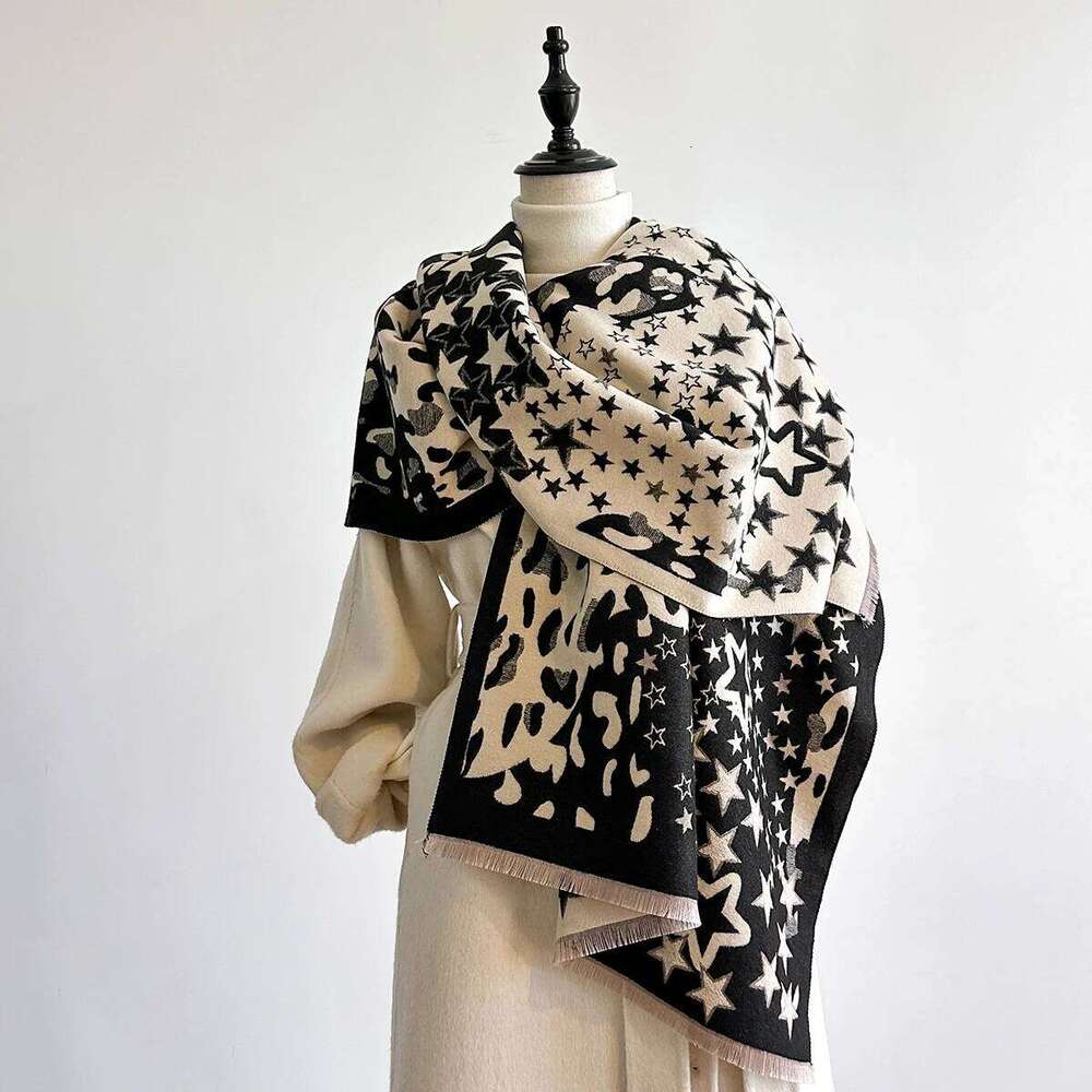 Ladies Thickened Winter Scarf Leopard Print Star Design Two-Sided Faux Cashmere Jacquard Wool Pashmina Wrap Luxury Style Z260226