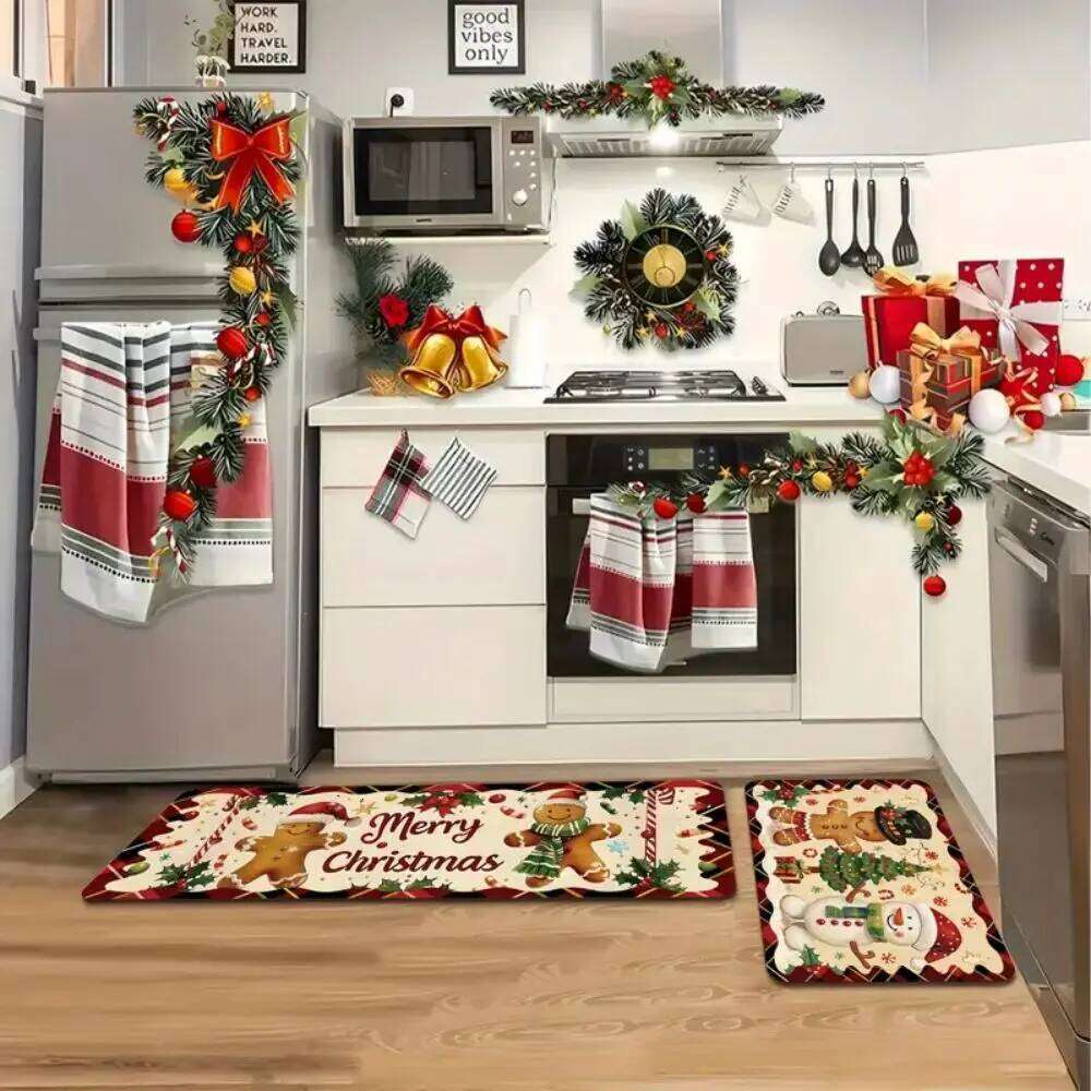 VIKAMA Christmas Two-Piece Set Kitchen Runner Rug Bathroom Shower Mat - Absorbent & Non-Slip Home Decor H260226