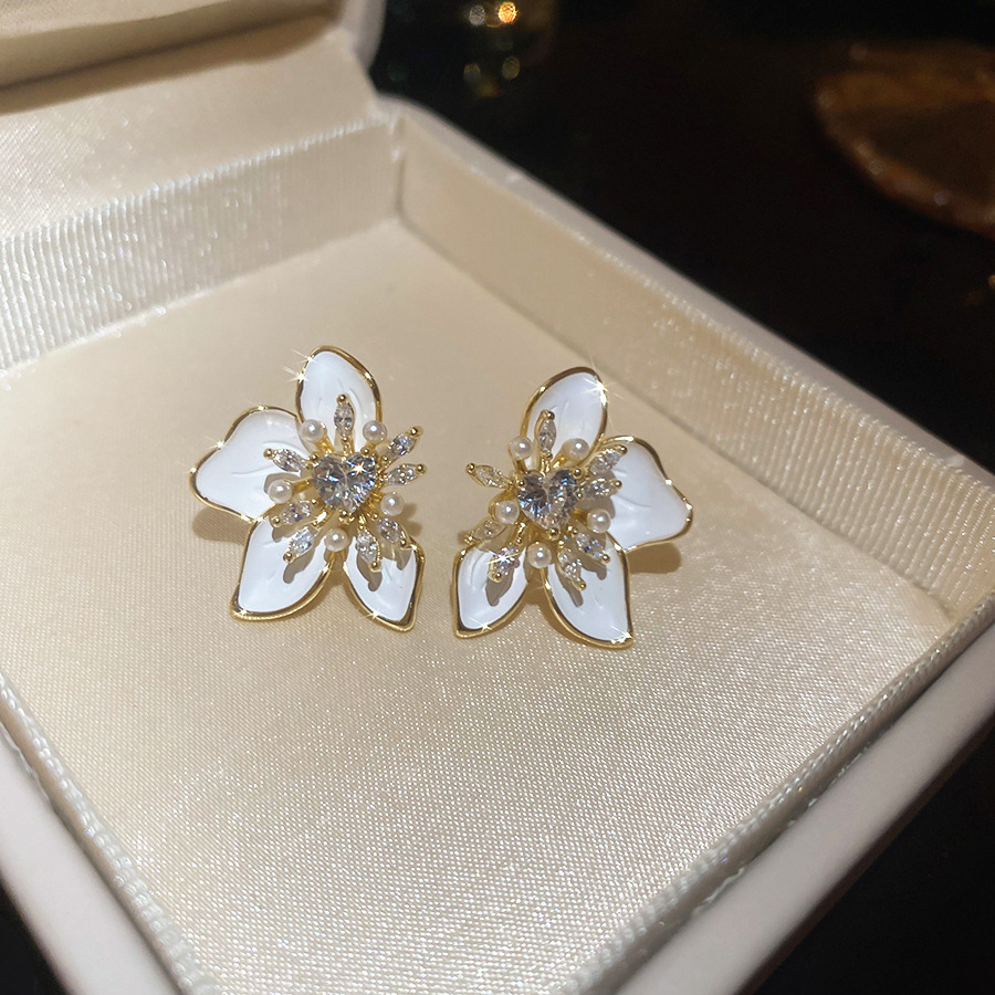 Silver needle oil-drip zircon flower bow vintage elegant sweet temperament earrings, light luxury high-end earrings - view 6