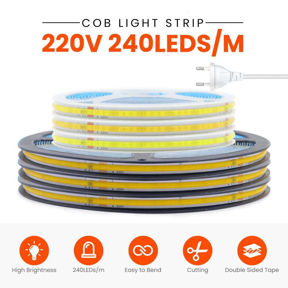 High Brightness COB LED Strip Light AC 220V/110V EU US Plug 240LEDs/M 3000K 4000K Flexible Ribbon Lamp for Indoor Home Decor Z260226
